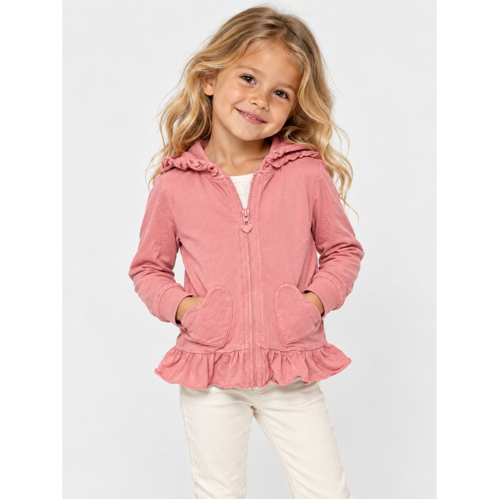 Tommy Bahama Girls Pink Ruffle Hem Full Zip Hoodie Heart Pockets Size 4 XS